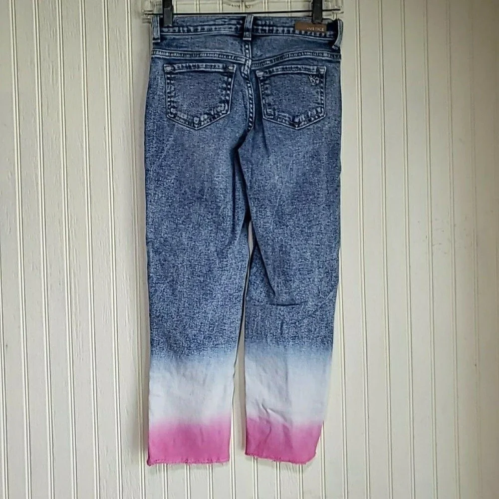 Justice Jeans Girls 12 Blue Pink Ombre Distressed Raw Hem Skinny Ankle Denim